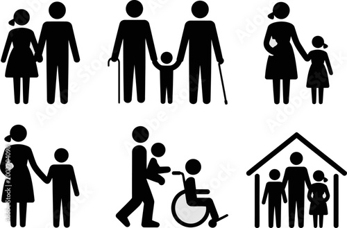 Collection of simplified human icon families showing different relationships and care situations