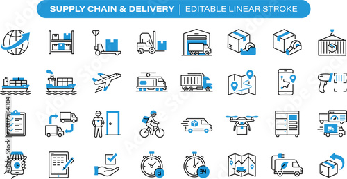 Supply chain logistics line icon. delivery tracking distribution system icons sheet, warehouse shipping management vector editable stroke set