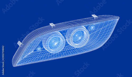 Foto 3D wire-frame model of modern car headlight