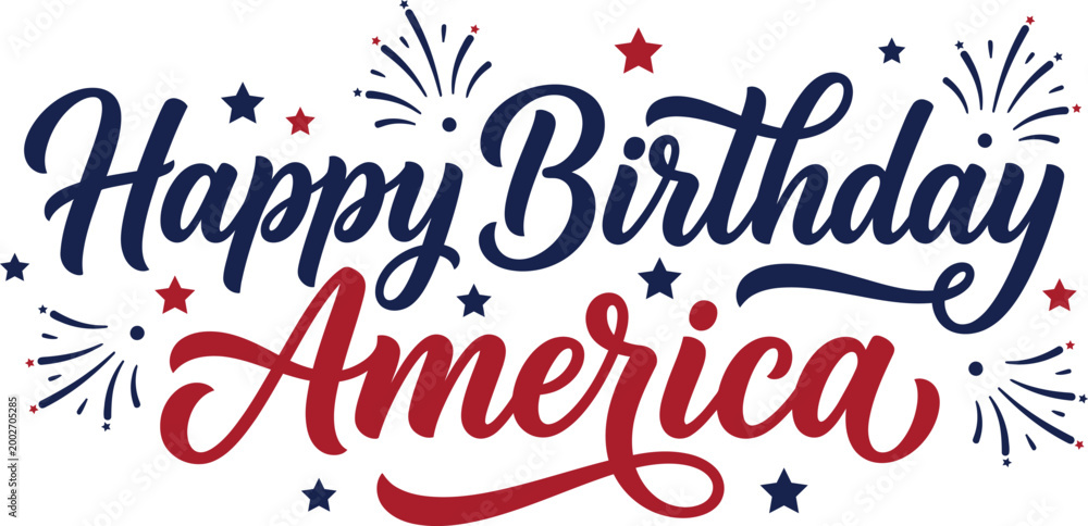 Obraz premium Happy birthday america text with fireworks and stars on white background