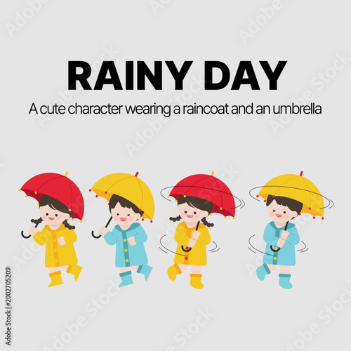 우산을 쓰고 비옷을 입고 장화를 신은 귀여운 캐릭터 빙글빙글 우산을 돌려요