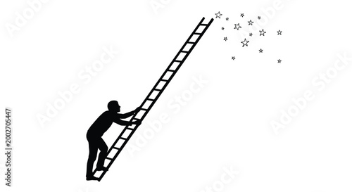 Silhouette illustration of a person climbing a ladder towards stars in a minimalist graphic design
