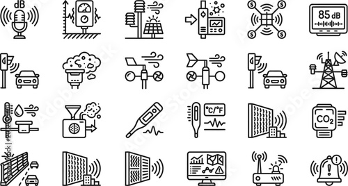Environmental monitoring vector icons set, black line icons noise sensors, air quality, pollution detection, climate nodes, CO2 detectors CAD
