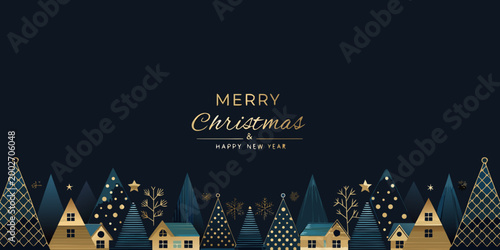 festive christmas banner with trees and lettering on dark background