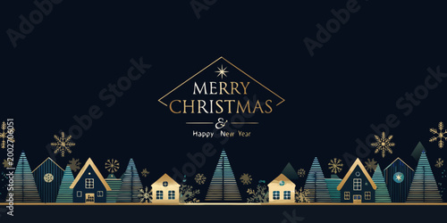 festive christmas banner with houses and snowflakes dark blue background