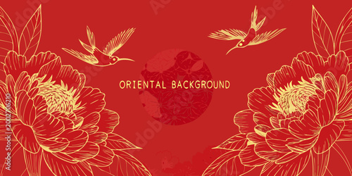 floral banner with birds and peony blossoms golden line art