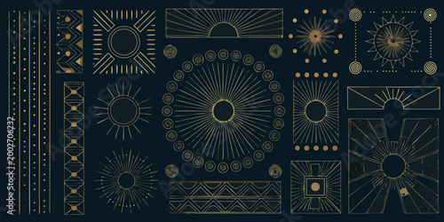 gold geometric patterns and shapes on dark background