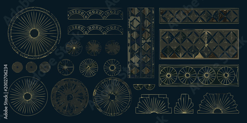 gold geometric design elements pattern with circular and linear motifs