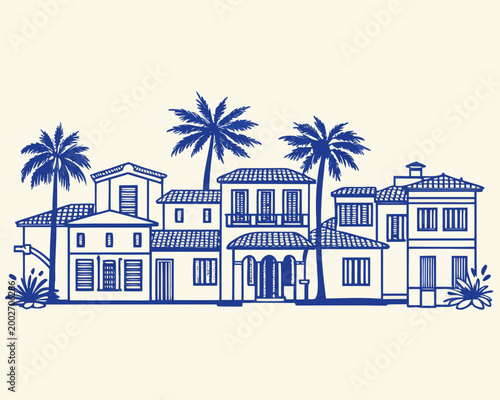 Coastal village line drawing with palm trees and buildings