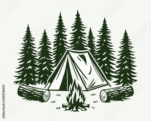 Camping scene illustration with tent trees and campfire