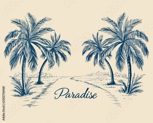 Palm trees line drawing with paradise text vintage style