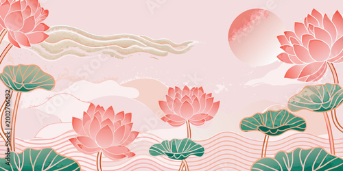 Pink lotus flowers and lily pads watercolor illustration on pink background