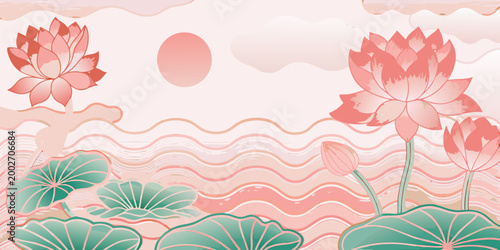 Lotus flowers and lily pads watercolor illustration with wavy background
