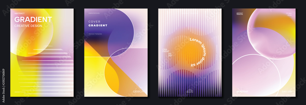 Fototapeta premium Modern gradient poster background vector set. Abstract cover template with monotone perspective geometric prism shape and halftone. Ideal design for social media, cover, banner, flyer.