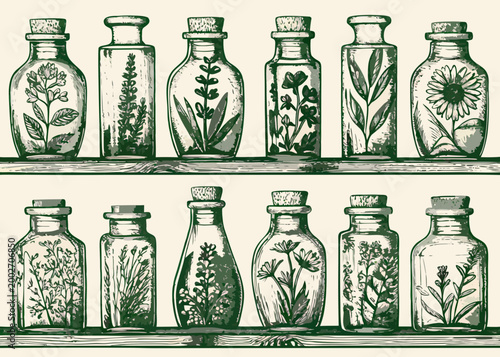 Vintage botanical illustration of glass jars with pressed plants