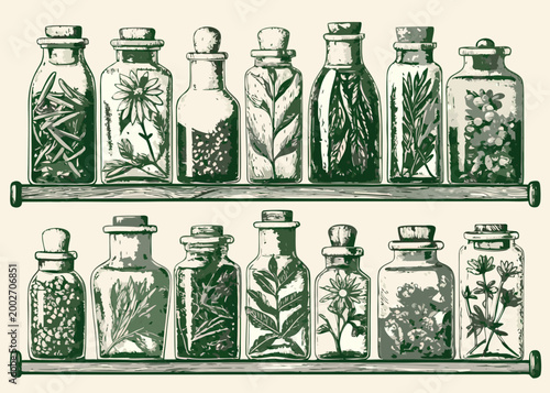 Vintage glass jars with herbs and flowers on wooden shelves