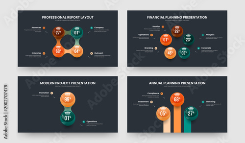 Digital Briefing 4 5 2 3 Element Infographic Slideshow Layout Bundle. Financial Proposal Four Five Two Three Step Chart Slide Template Vector Illustration Set.