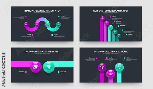 Product Visualization Four Five Two Three Element Diagram Frame Template Vector Illustration Collection. Simple Portfolio 4 5 2 3 Option Infographic Slideshow Design Set.
