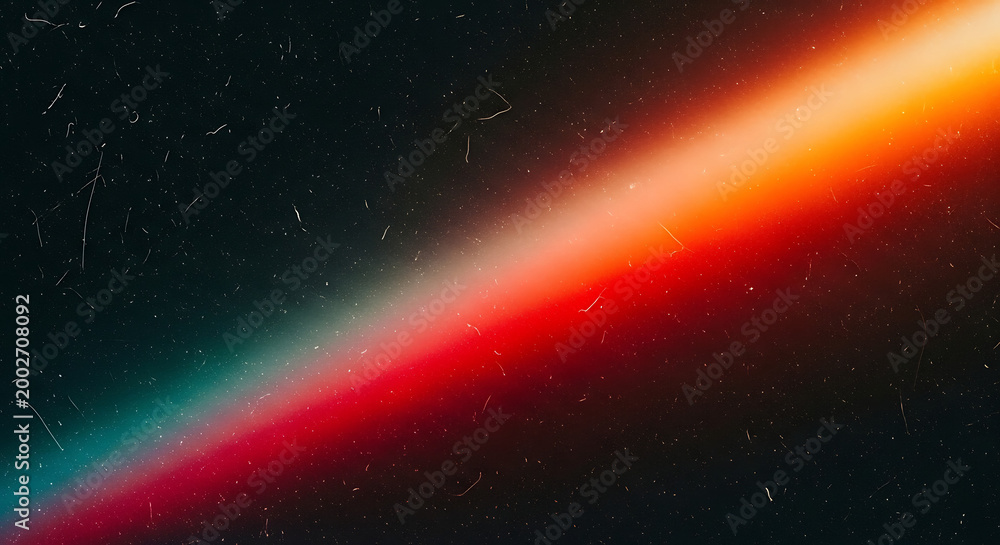 Fototapeta premium Vibrant diagonal rainbow light beam on dark textured background with scratches