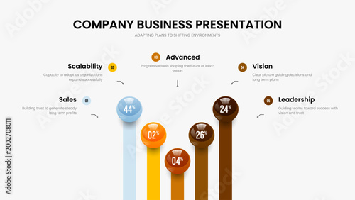 Clean Campaign 5 Element Diagram Frame Layout. Corporate Overview Five Step Graph Slideshow Design. Investor Innovation Slide Template Vector Illustration.