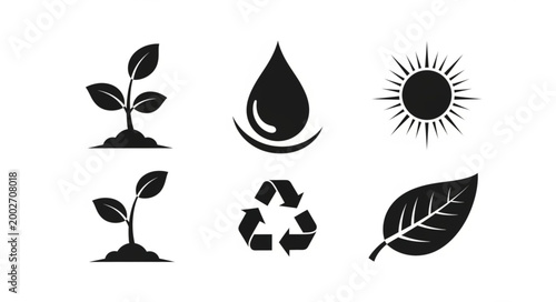 Set of six environmental icons including plants water sun recycling leaf.