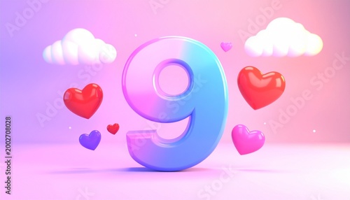 Gradient Number 9 with Hearts – Whimsical Visual for Editorial, Lifestyle, or Celebration Branding Themes