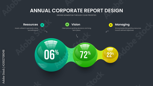 Minimal Analysis Three Element Diagram Presentation Design. Science Briefing 3 Option Chart Slideshow Template. Investor Strategy Slide Layout Vector Illustration.