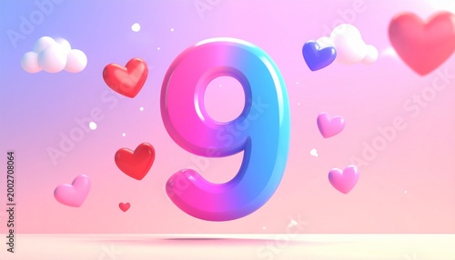 Gradient Number 9 with Hearts – Whimsical Visual for Editorial, Lifestyle, or Celebration Branding Themes
