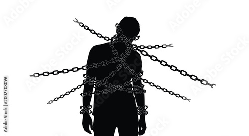 Dark silhouette of a person metaphorically bound by heavy chains, symbolizing restriction and oppression.