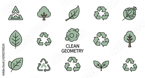 Set of eco friendly icons with leaves and recycling symbols.