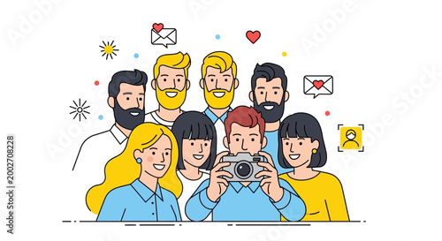 A group of people are taking a photo together outdoors with camera