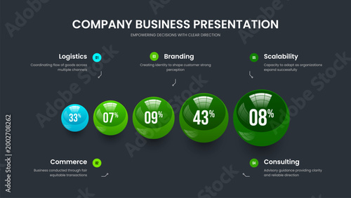 Business Visualization 5 Element Diagram Slide Template. Corporate Planning Slideshow Design Vector Illustration. Modern Development Five Option Chart Presentation Layout.