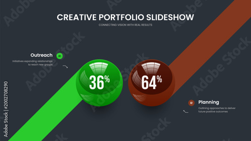Creative Portfolio Presentation Design Vector Illustration. Modern Launch 2 Element Chart Frame Template. Enterprise Analysis Two Step Graph Slideshow Layout.