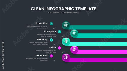 Digital Planning Five Option Infographic Slideshow Layout. Educational Analysis Slide Design Vector Illustration. Marketing Introduction 5 Element Graph Presentation Template.