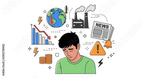 A worried man surrounded by pollution, news, and financial decline icons, symbolizing global environmental and economic issues.