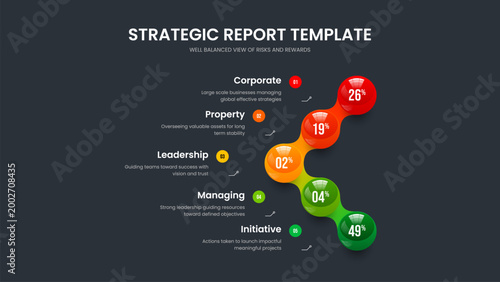 Creative Planning Five Element Infographic Slide Design. Visual Development 5 Step Diagram Slideshow Template. Market Report Presentation Layout Vector Illustration.