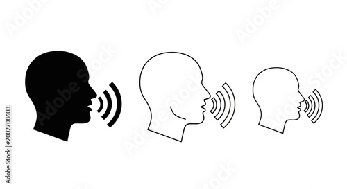 Three human heads communicating with sound waves in a sequence