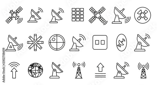 A collection of various satellite dish and antenna icons used for communication and signal transmission technology