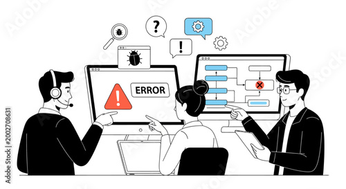 Three people analyzing computer error on screens in office setting with bug