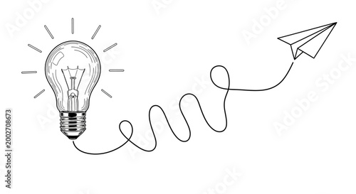 A lightbulb with a paper airplane flying out, symbolizing creativity and innovation in a modern office setting with ikjhu concept.