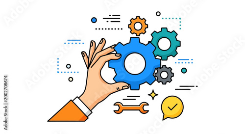 Person holding gear surrounded by tools and icons in workspace setting with ikjhu concept