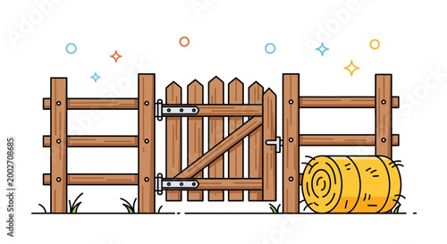 A wooden fence with a gate and a barrel outside in the countryside