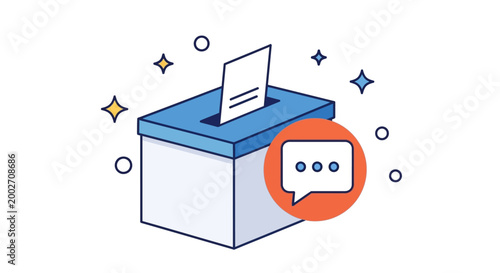 A ballot box with a speech bubble emerges from it surrounded by floating icons