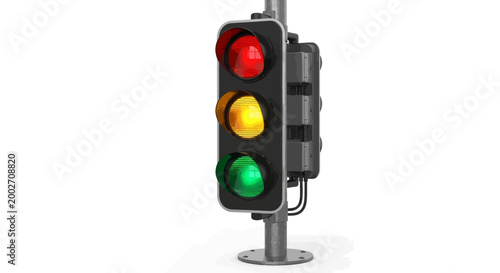 A traffic light showing green on a metal pole in a city street scene with red and yellow lights