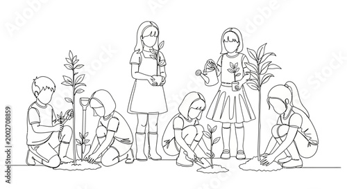 Children planting trees with care outside on a sunny day together