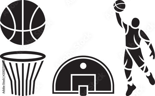 Basketball player dunking with ball hoop and backboard in flat icon style vector illustration