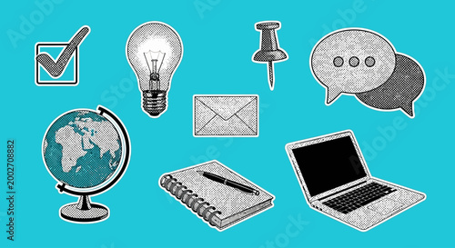 The ikjhu concept features various office supplies and technology on a desk