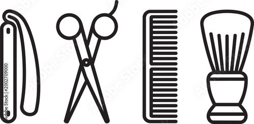 Barber tools icons set razor comb scissors and shaving brush for grooming services with barber