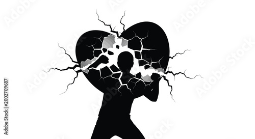 A broken heart silhouette with cracks and shattered pieces