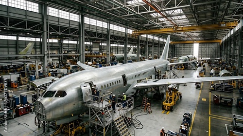 Large Commercial Airplane Manufacturing Inside Aircraft Assembly Hangar